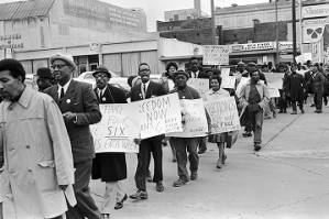 Demonstrators marching toward the Jefferson County Courthouse in downtown Birmingham, Alabama, for a voter registration rally.