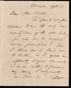 Letter from Thomas Wentworth Higginson, Worcester, [Mass.], to Miss Weston, Sept. 13, [1854]