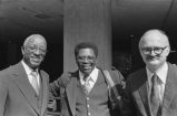 B. B. King. New Haven, Conn. Yale University Graduation. Graduation ceremony, B. B. King honorary degree, B. B. King, Robert Palmer, Robert Thompson, John H. Froud, adult store on Route 34 in western Conn (BKP 30-77-5/15)