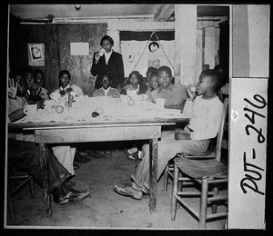 Photograph of lunchroom in a school for African Americans, Eatonton, Putnam County, Georgia, 1952