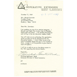 Letter from Winifred Eastwood, Head of the Extension Division of Home Economics, to Muriel Snowden about seminar