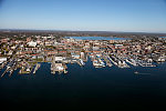 An October 2017 aerial view of Portland, Maine, and its busy harbor