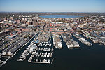 An October 2017 aerial view of Portland, Maine, and its busy harbor