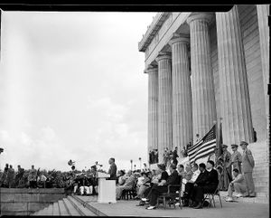 NAACP Mass Meeting [Lincoln Memorial--Harry Truman address, Mrs. Roosevelt-- 38th annual NAACP Conference; from envelope; #1 of 4] [acetate film photonegative]