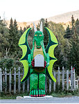 An elaborte, dragon-themed mailbox outside a home in East Haven, Vermont. It is unclear whether this is a year-round feature or placed for the upcoming Halloween season (this photo was taken in early October, three weeks or so before the spooky and fun-filled American holiday)