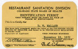 Colorado State Board of Health, Restaurant Sanitation Division. Identification Permit.