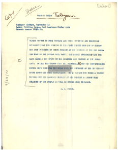 Telegram from R. R. Moton to Roscoe Conkling Bruce