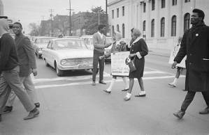 Students participating in a voter registration march in downtown Birmingham, Alabama.