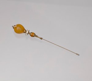 Hatpin with amber and gold decorations from Mae's Millinery Shop