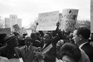 Hosea Williams speaking to demonstrators at a voter registration rally outside the Jefferson County courthouse in Birmingham, Alabama.