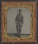 [Unidentified soldier in Confederate uniform and snake belt buckle with Enfield rifle and saber bayonet]