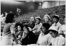 Little Rock Nine students with a tour guide at the UN Headquarters, New York, NY, 1958