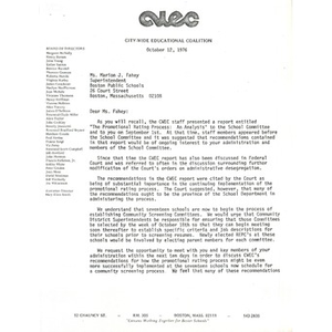 Letter to Marion J. Fahey from Citywide Educational Coalition, October 12, 1976.