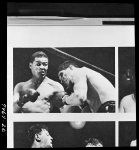 [Untitled photo shows: Joe Louis lands a punch against Arturo Godoy during the fight at Yankee Stadium, Bronx, New York.]