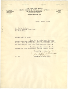 Letter from Young Men's Christian Association to W. E. B. Du Bois