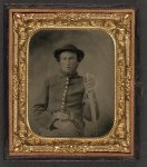 [Unidentified soldier in Union uniform and slouch cap sitting with holstered revolver and cavalry saber]