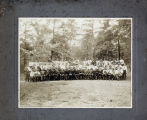 Large group of men with pennants, “Union, Allen, State, Hampton, Morris-Brown, Clark, Benedict, Biddle, ABC, SNS, HNI, VN&II” etc.