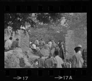 View of speakers, most likely Black community leaders or activists, at Black student rally in Franklin Park