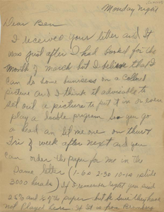 Letter: to Ben Stein, Macon, Georgia, possibly between 1927 and 1929