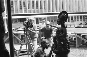 Eliot Elisofon and cameraman George Bracher filming renowned woodcarver Lamidi Olonade Fakeye, Ibadan, Nigeria