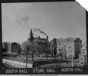 Photograph of the exterior of South Hall, Stone Hall, and North Hall at Atlanta University, Atlanta, Georgia, circa 1900