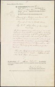 Copyright certificate for book title] [manuscript