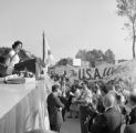 Lady Bird Johnson speaking at the dedication of the Phoenix Fire Museum in Mobile, Alabama, while visiting during the 1964 presidential campaign