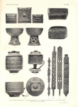 1, 2, 4 et 5. Boîtes à fards Bangendi.--2. Boîtes à fards Bangongo.--6 et 7. Hanapes à l'huile Bambala.--8, 9 et 10. Boîtes Bambala.--11 à 14. Poteaux de maison Bambala