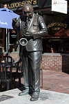 Chris Sharp's sculpture of legendary Burlington, Vermont, saxaphonist and jazzman "Big" Joe Burrell in the Burlington Marketplace, a blocks-long pedestrians-only shopping and entertainment street in downtown Burlington, Vermont