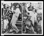 [Two images of Cab Calloway, full-length portrait, on left with two members of orchestra and on right as part of the cast in a scene in "Porgy and Bess"]