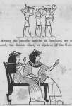 Representation of three men carrying an intoxicated man; representation of the master and mistress of the house sitting in a double chair