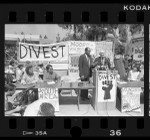 Mayor Tom Bradley and Alan Cranston speaking at divest and Anti-Apartheid rally at UCLA, 1986