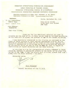 Letter from World Federation of Teachers' Unions to National Committee to Defend Dr. W. E. B. Du Bois and Associates in the Peace Information Center