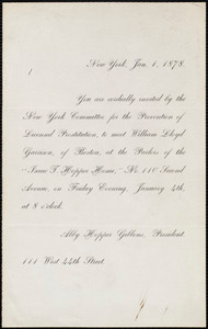 Invitation from Abby Hopper Gibbons, 111 West 44th Street, New York, Jan. 1, 1878