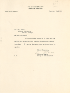 Letter from Fisk University to W. E. B. Du Bois