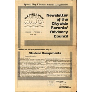 Parents United Newsletter of Citywide Parents' Advisory Council, May 1976.