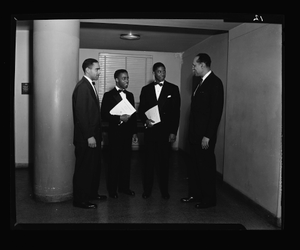 Howard U. Medical School Banquet (Adam Powell and Honorees Doris and Henry) Adam Powell Speaking March 1956 [from enclosure] [black-and-white cellulose acetate photonegative]