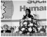 Coretta Scott King addressing kickoff dinner for the Metropolitan Minneapolis YMCA's Face of the Future Capital Campaign in 1973.