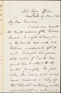 Letter from Oliver Johnson, Anti-Slavery Office, New York, [New York], to William Lloyd Garrison, Anti-Slavery Office, New York, [New York], 1862 Dec[ember] 27