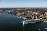 October 2017 aerial view of Portland, Maine, and its harbor. Note the giant cruise ship in port; these vessels typically head north in temperate months, toward and into Canada