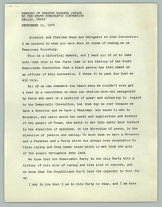 Remarks of Senator Barbara Jordan To The State Democratic Convention, Dallas, Texas - September 15, 1970