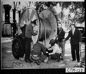 Photograph of workers installing cable for the WTOC-TV antenna, Savannah, Chatham County, Georgia, 1954