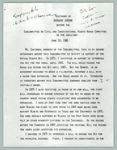 Testimony of Barbara Jordan Before the Subcommittee on Civil and Constitutional Rights House Committee on the Judiciary, June 18, 1981