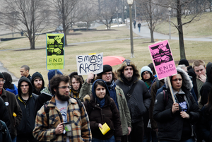 Thumbnail for Justice for Jason rally at UMass Amherst: protesters outside the Student Union Building in support of Jason Vassell