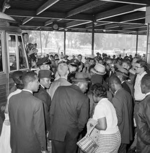 Freedom riders attempting to board a bus headed to Montgomery, Alabama, from the Greyhound station in Birmingham.