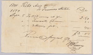 Receipt for "dinners, servants dinners, and horses fed" at the Farmers' Hotel