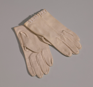 Pair of small taupe gloves with embroidery from Mae's Millinery Shop