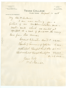 Letter from Texas College to W. E. B. Du Bois