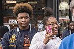 E'Haad and friend, Charter School students, Broad St. at Market St., Newark, 2018. A middle aged black man told me: "You know these are all young kids, you shouldn't be photographing them"