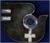 Female gender symbol with equals sign [pin], circa 1980s